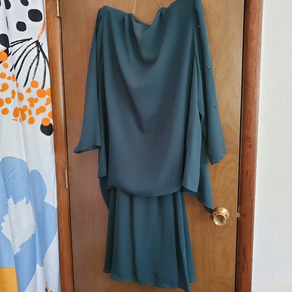 S.L. Fashions Dark Green Dress w/ Overlayer and Beaded Accents - Picture 4 of 5
